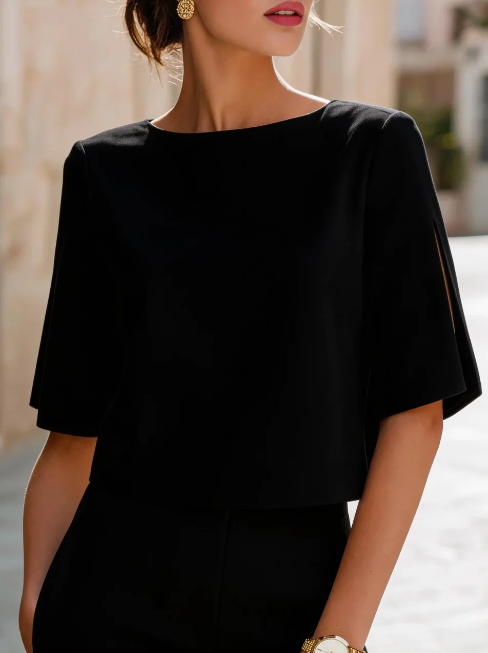 Women's Boat Neck Split Sleeve Top Tailored Fit Blouse for Office Party Formal Occasion Wear
