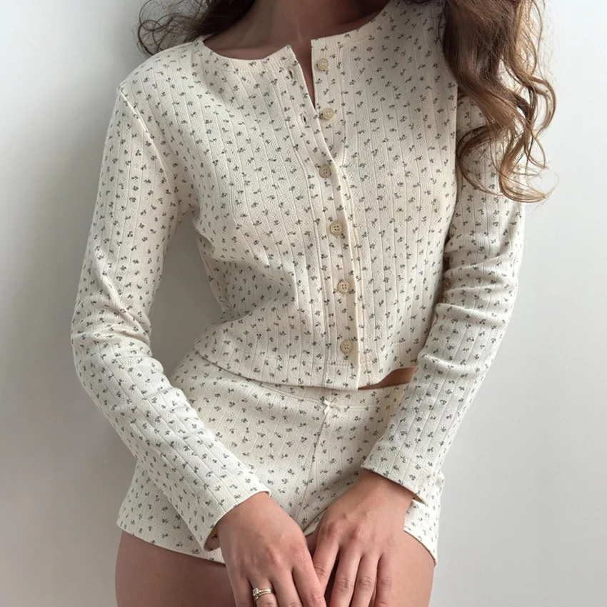 2026 Women Two Pieces Summer Pajamas Suits Flower Print Long Sleeve Cropped Top Pijama Tops With Shorts Stretch Pajamas