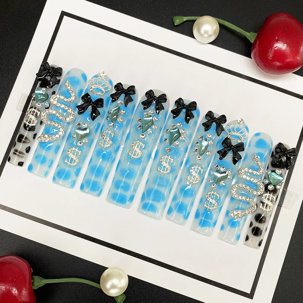 

Роскошный синий дизайн «Балерина» для ногтей, эксклюзивный, ручной работы, 10 шт., декоративные накладки, 55 мм, набор для ногтей ручной работы