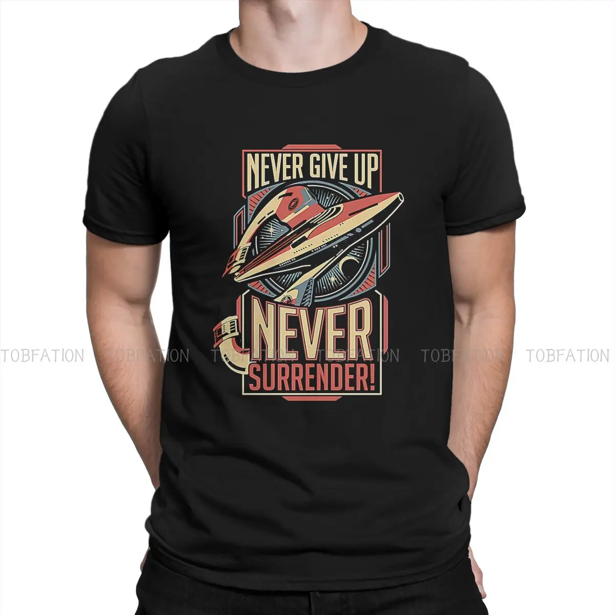 Quest Galaxy Sci Fi Film Vintage Never Surrender Quote Retro 100% Cotton T Shirt Vintage Men\'s Tee Shirt O-Neck  Men Clothing