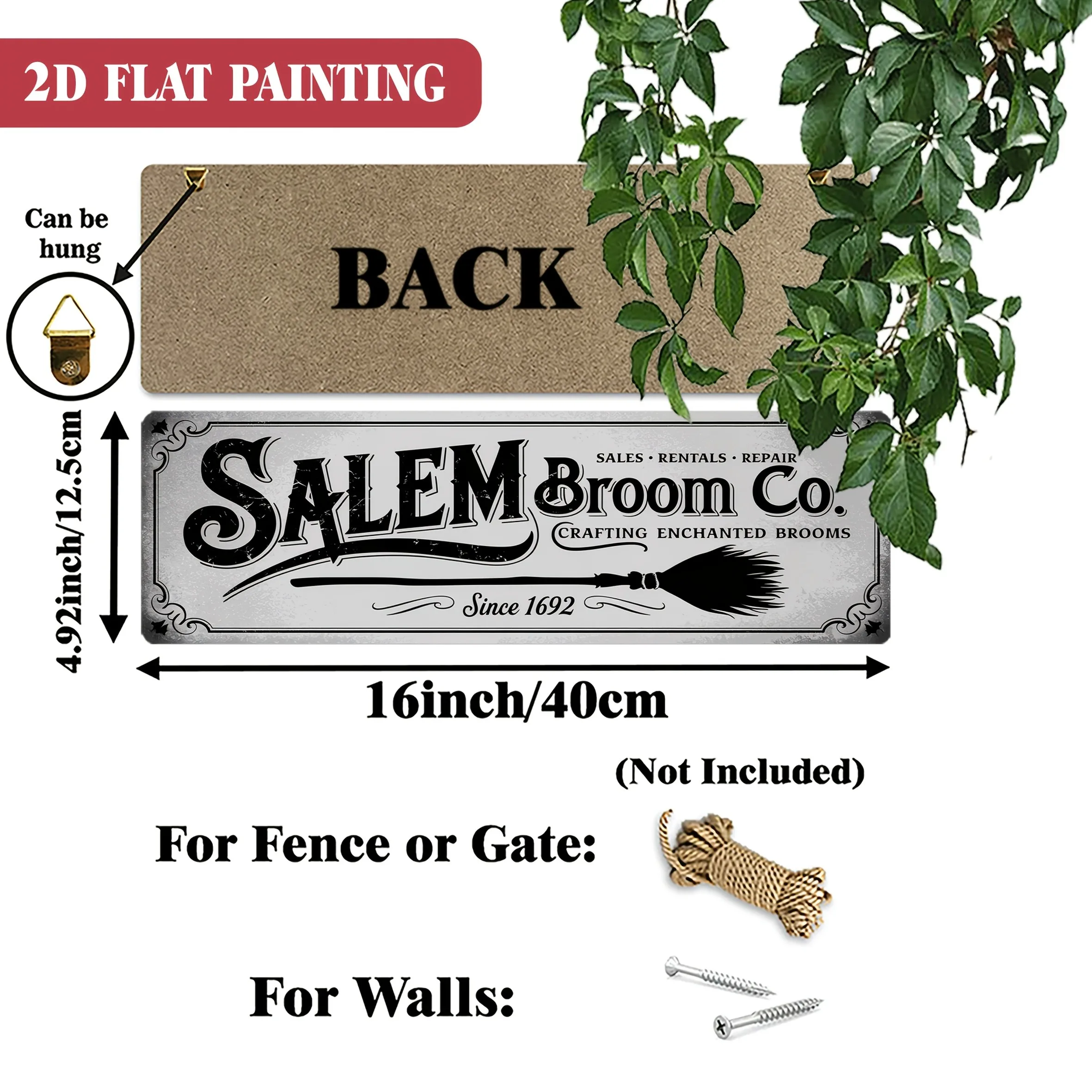 1pc 2D Flat Salem Broom Co. Enchanted Brooms Since 1692 Sign 16x4.92Inch 40.6x12.5cm, Witch Theme Vintage Halloween Wall Plaque