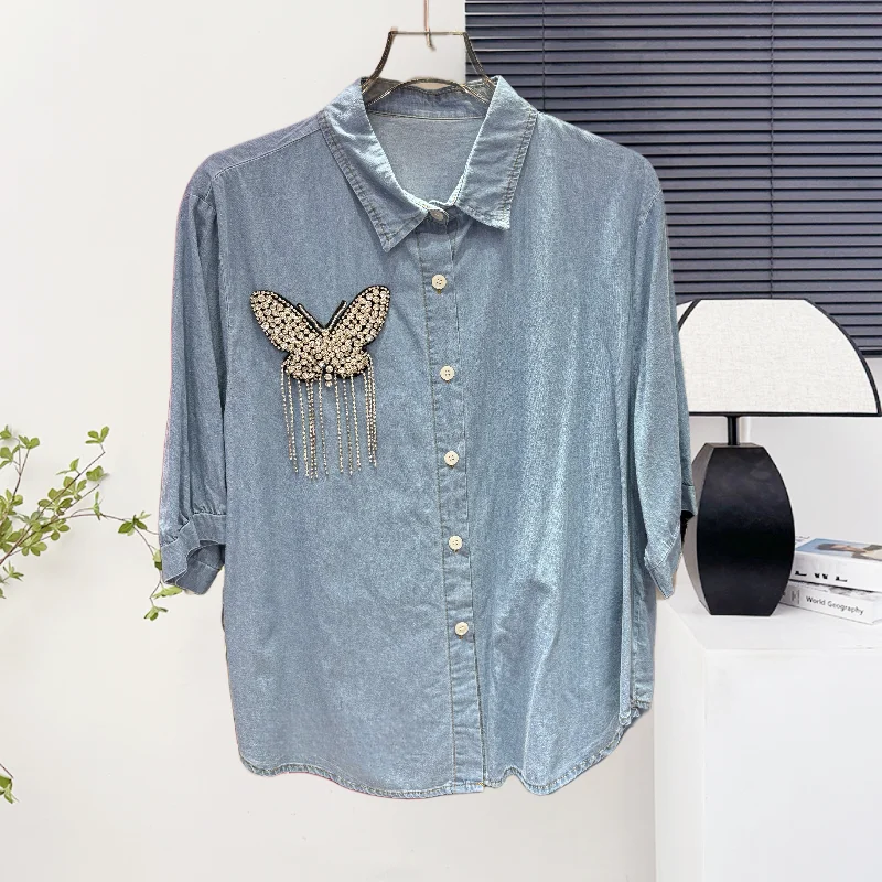 

2025, новинка, лето, европейская, одежда, блузка, женская, мода, пуговицы, бабочка, бриллианты, кисточки, сексуальная, с половиной рукава, джинсовая куртка, топы, 55058
