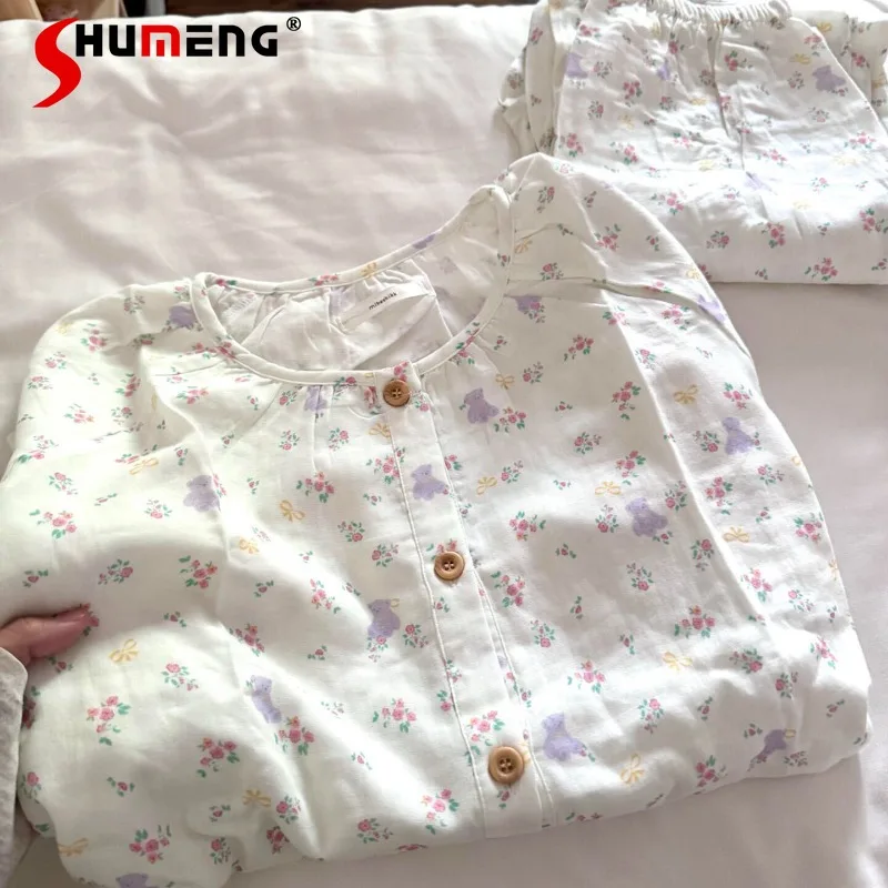 

Autumn Winter New Cartoon Pajamas Women's Floral Bear Pure Cotton Sleep Set Female Japanese Wearable Casual Homewear Suits