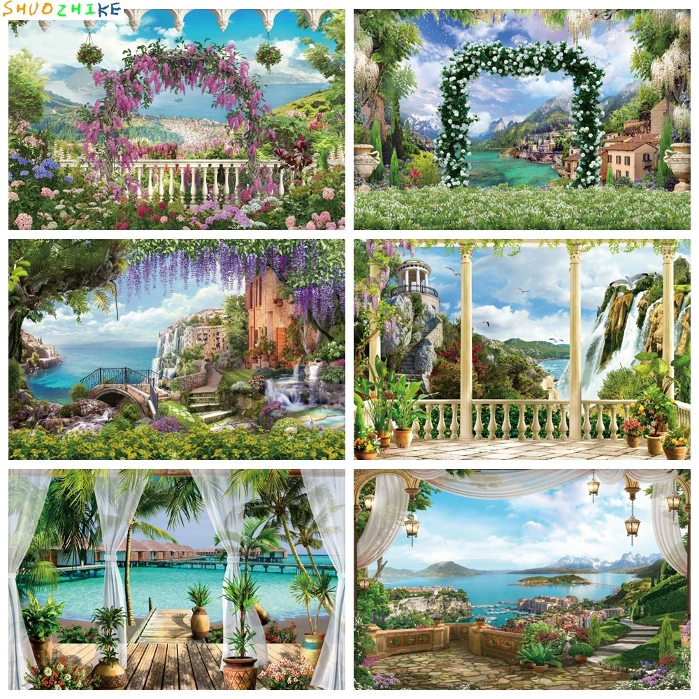 

Spring Natural Landscape Scenery Backdrop Flower Summer Seaside Balcony Holiday Wedding Birthday Photography Background Decor