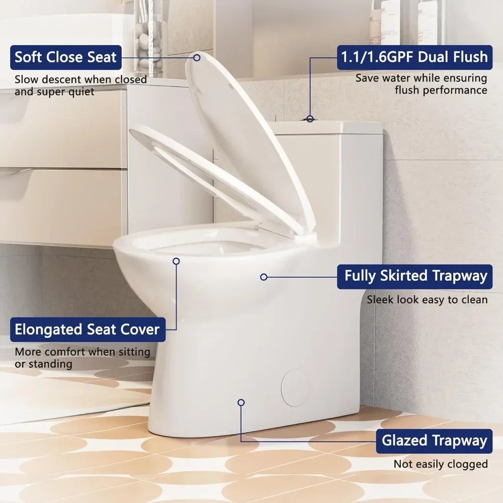 Symmetry One Piece Toilet, Dual Flush 1.1/1.6 GPF Elongated Standard Toilet for Bathroom, Toilets with Comfortable Seat Height