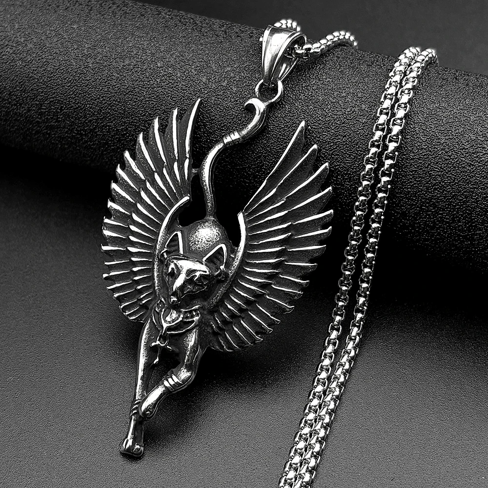 Vintage Egyptian Winged Cat Goddess Bastet Pendant Necklace Stainless Steel Silver Color Ancient Egypt Chain Necklaces Jewelry