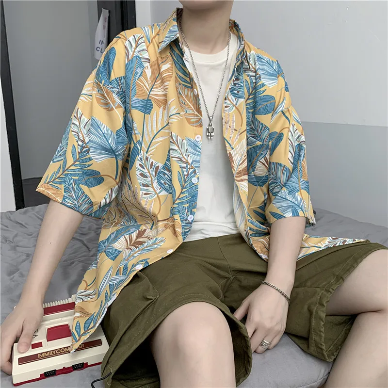 

Summer Streetwear Men Loose Leaf Print Beach Short Sleeve Shirt Harajuku Hawaii Vacation Quick Dry Aloha Tops Tropical Shirts