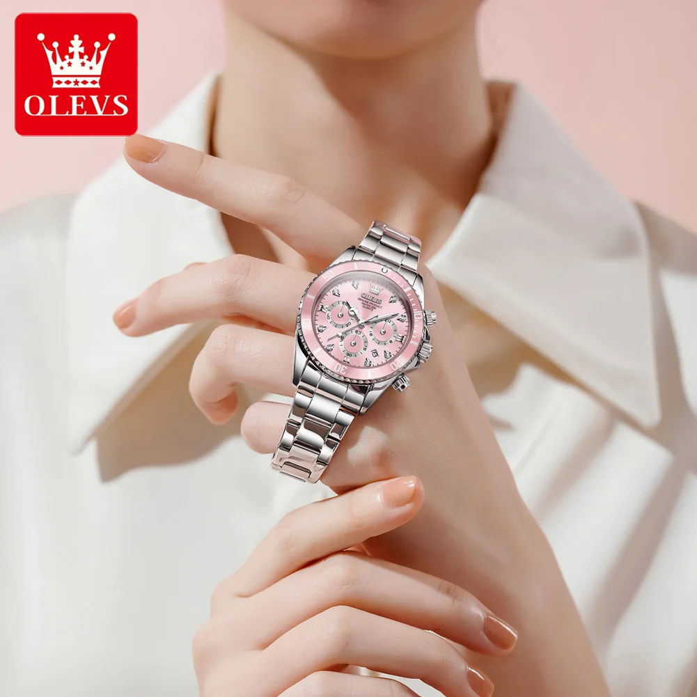 

OLEVS Luxury Women's Watch Fashionable Stainless Steel Rhinestone Pink Multifunctional Clock Outdoor Travel Women Wrist Watches