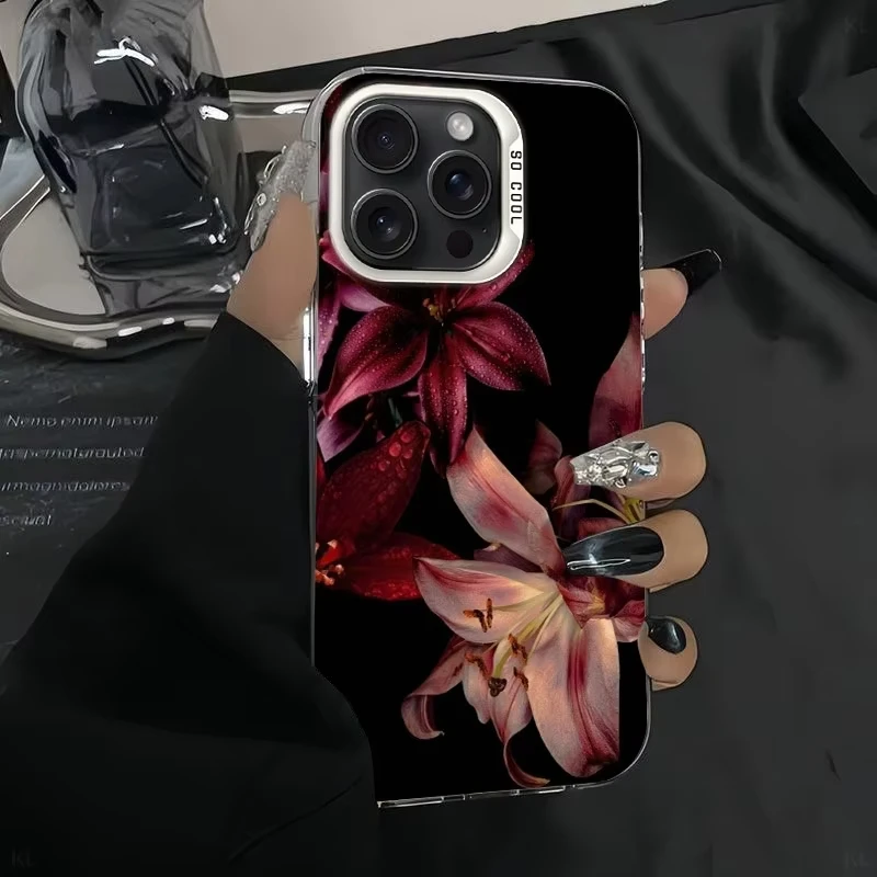 黒いユリの花のフロストケース Samsung Galaxy A36 A35 A34 A32 A30 A26 A25 A24 A23 A22 5G 4G A20 A16 A15 A14 アクリルカバー