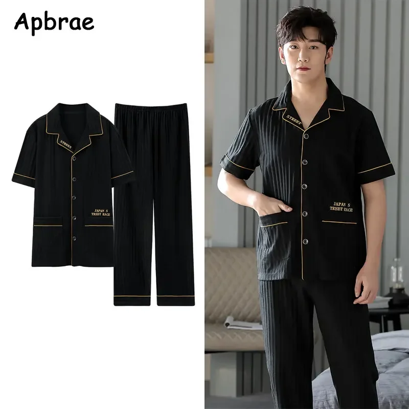 New Fashion Summer Men Sleepwear Soft Cotton Black Pajama Sets for Gentleman V-neck Elegant Young Mens Loose Leisure Homewear