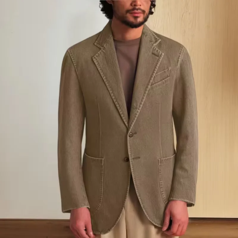 elegant Men's khaki denim jacket vintage washed Notched Lapel patch pocket casual jean Sport Coat everyday outerwear