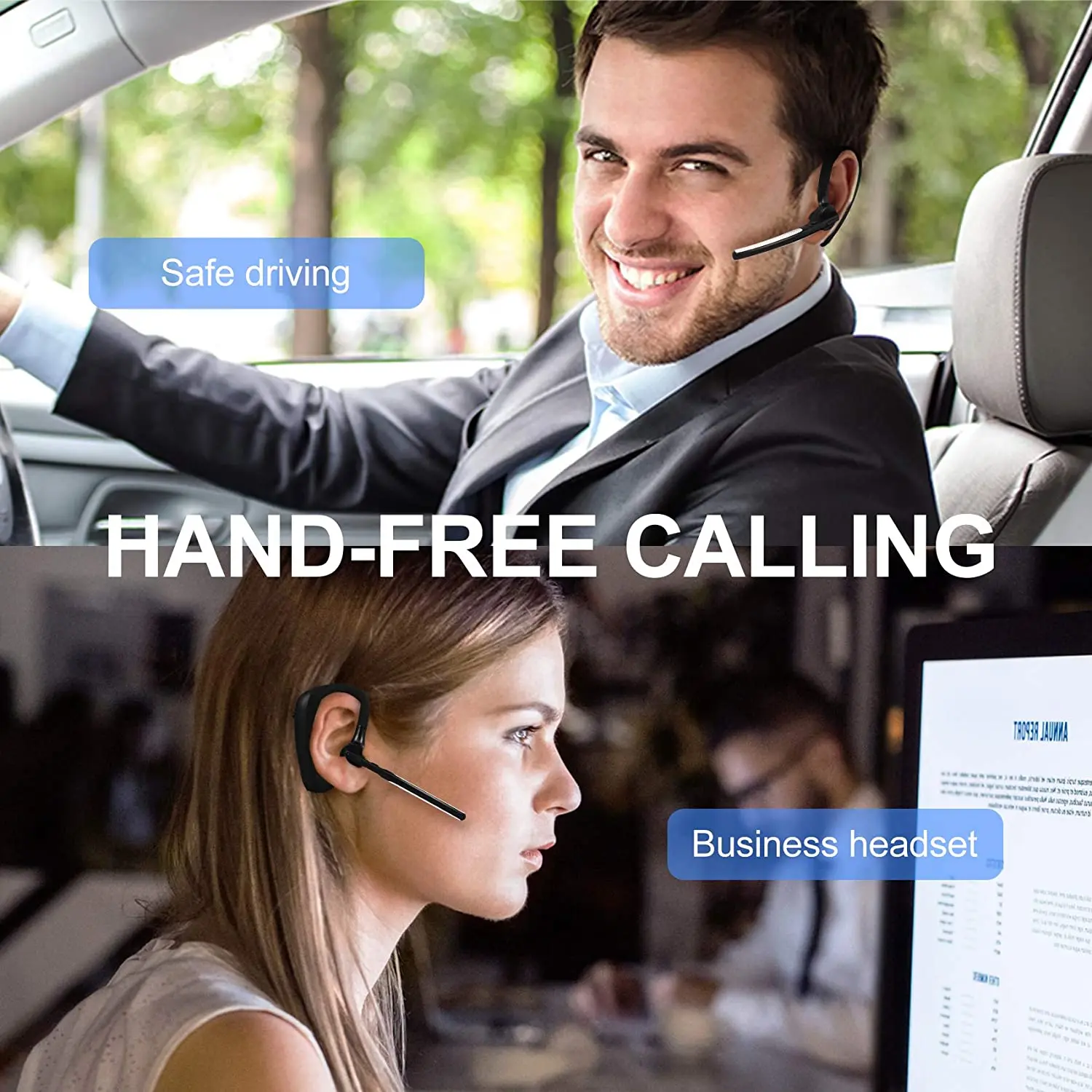 سماعات بلوتوث لاسلكية، سماعات إلغاء الضوضاء، سماعات أذن بدون استخدام اليدين مع ميكروفون مزدوج لقيادة سائق المكتب