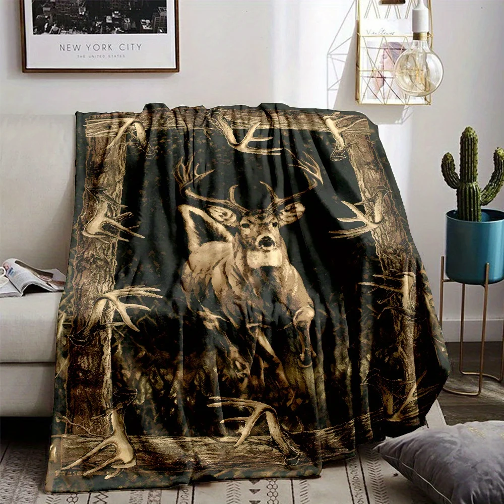 Rustic Stag Deer Print Throw Blanket Wilderness Forest Woodland Lodge Decor Cozy Throw Sofa Couch Gift for Masculine Cabin Decor