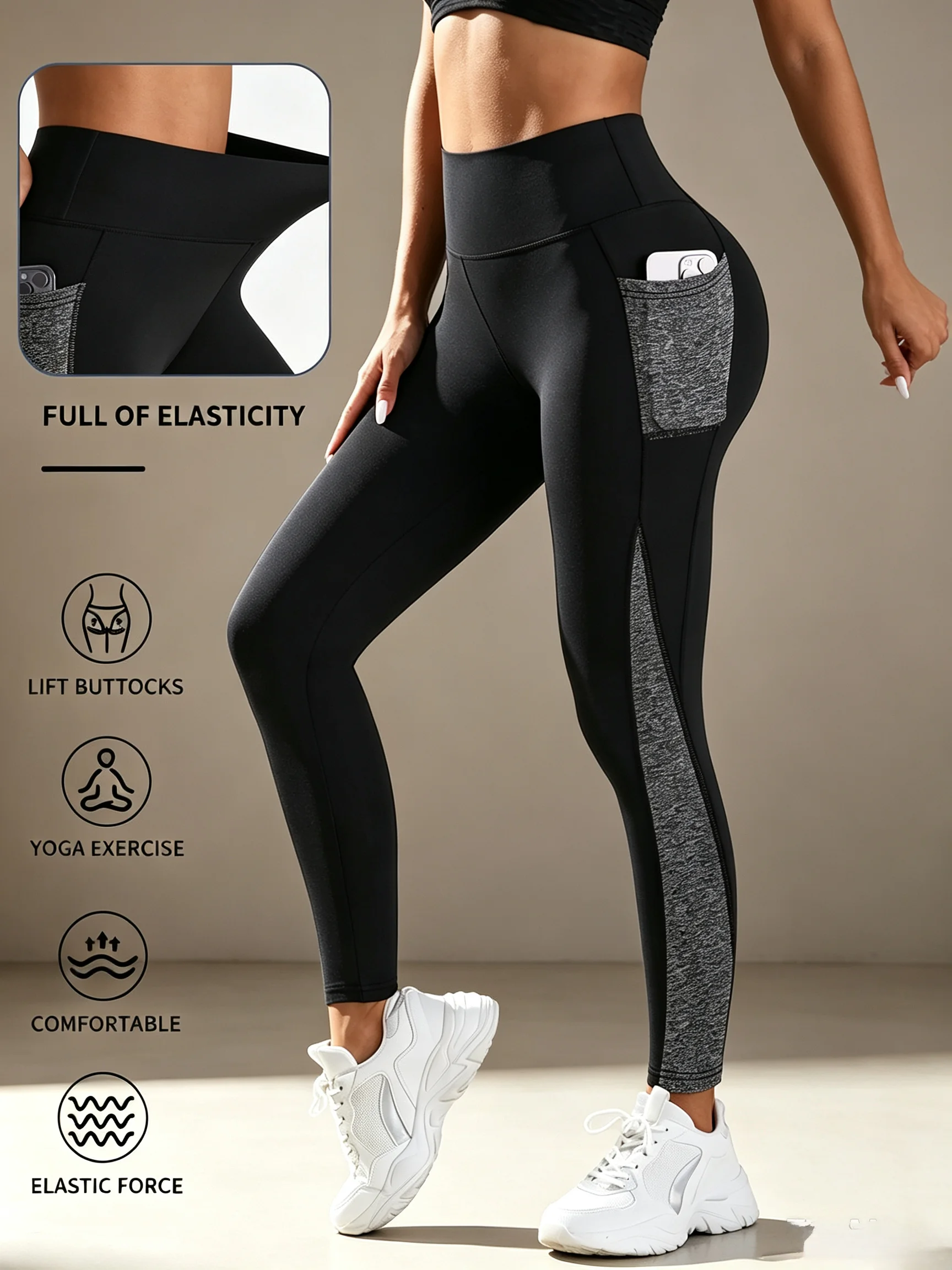 New high waist hip lifting leggings with pockets, women's slim sport elastic pants fittness workout quick drying pants sportwear