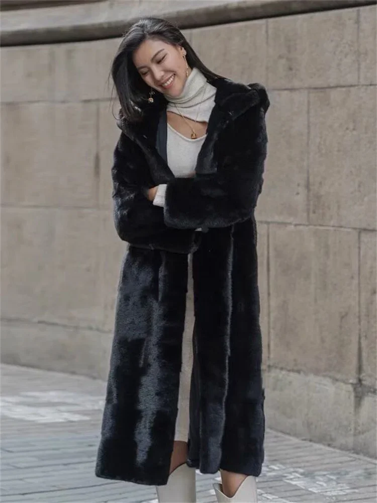 Black Mink Fur Coat Women Long Hooded Warmth Clothing 2023 Winter New Fashion Slim Pockets Faux Fur Jackets Feminina