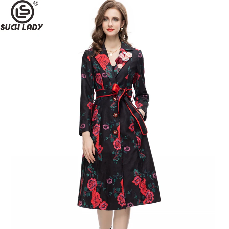 

Women's Runway Trench Coats Notched Collar Long Sleeves Single Breasted Printed Appliques Floral Fashion Outerwear