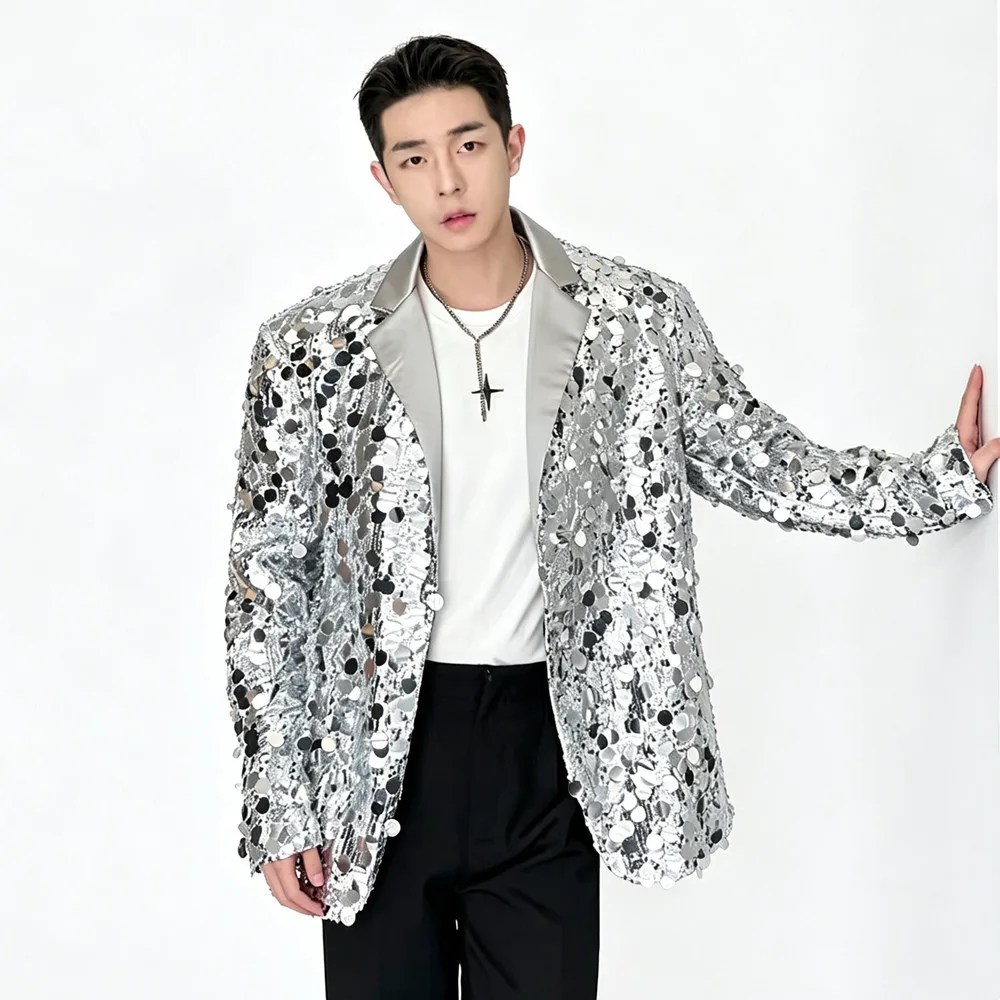 Men's Shiny Party Blazer Jacket Silver Black Sequin Loose Blazers Casual Suit Jackets Singer Stage Performance Costume
