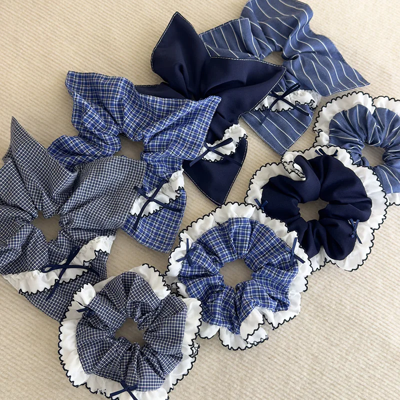 

Retro blue plaid hair tie, fabric ribbon bow square headband, women's elegant hair tie, female party accessory, fashion