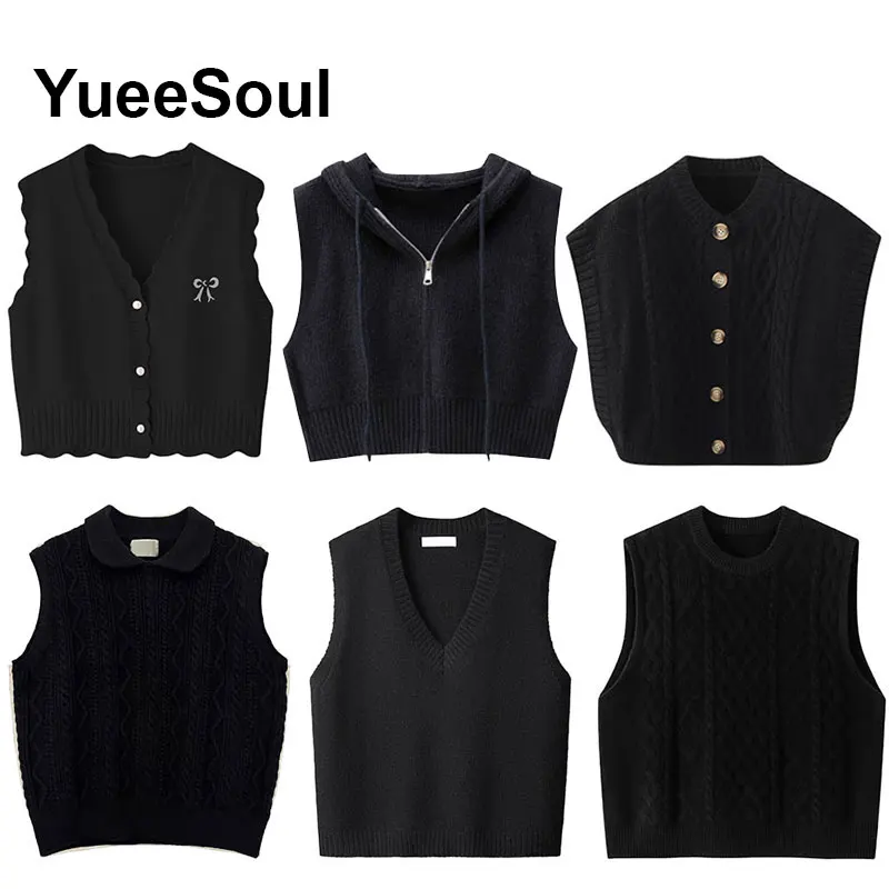 Solid Black Women Sweater Vest Y2K High Street Casual Streetwear Female Knitwear 2026 New Sleeveless Knitted Basic Waistcoat