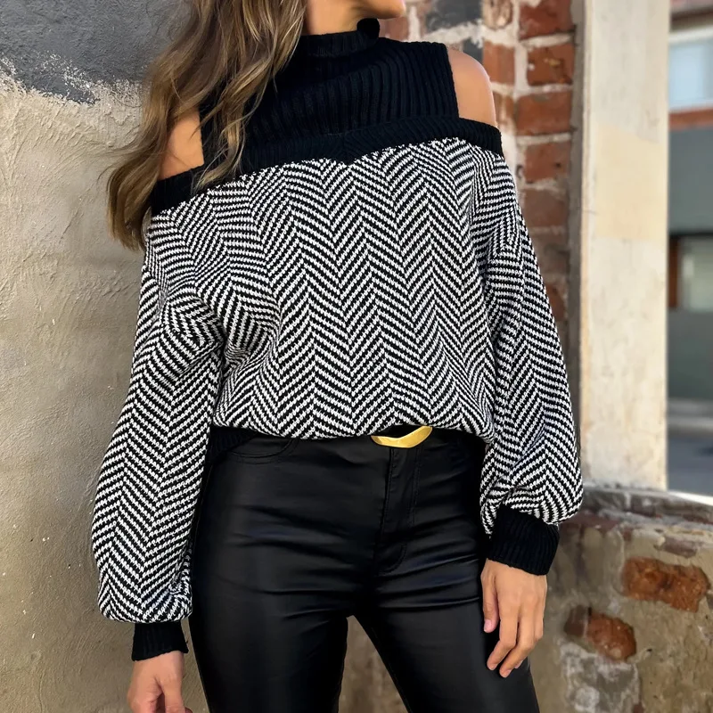 Women's Knitted Pullovers 2025 Women's Cold Shoulder Sweaters Split-Joint Contrast Color Puff Sleeves Loose High Neck Tops