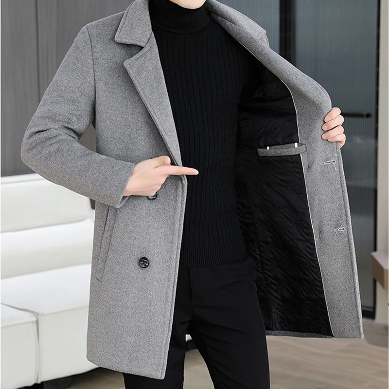 

Cotton Thicken Liner Woolen Coats 2025 Winter Men's Warm Windbreaker Jackets Business Casual Mid-Length Overcoat Streetwear Tops