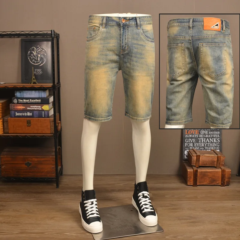 Summer thin retro distressed five quarter jeans shorts men's stretch slim fit high-end washed casual shorts