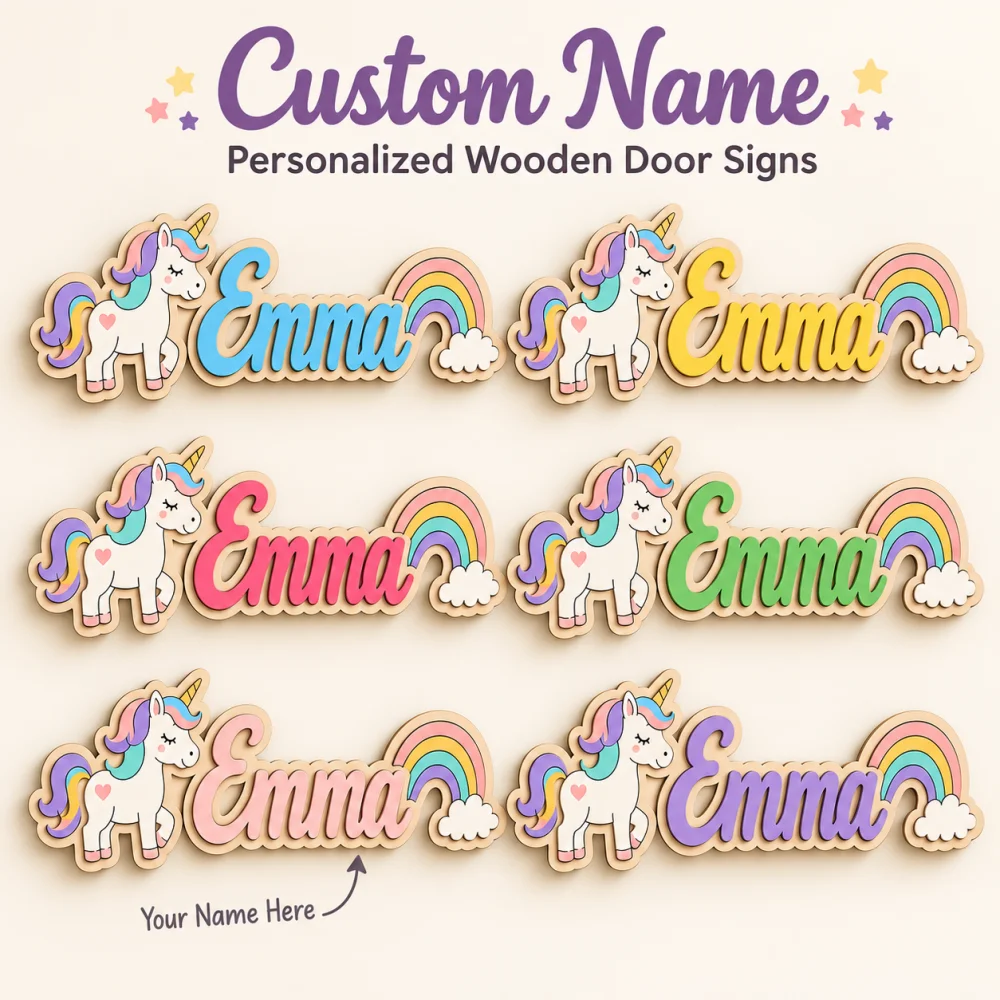 1Pc Magical Unicorn Wooden Double-Layer Custom Name/Text Door Plaque, Room Door Sign Wall Hanging, Creative Ornament Nameplate