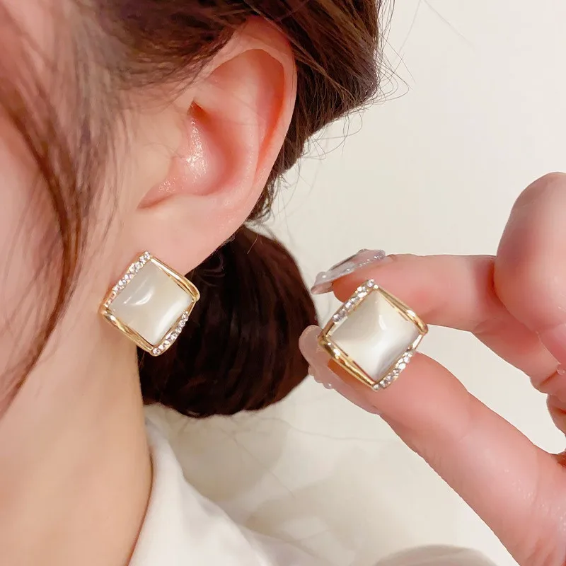Square Opal Cat's Eyes Stone Stud Clip On Earrings for Women Elegant Chic Ladies' Fine Jewelry Silver 925 Daily Wear Party Gifts