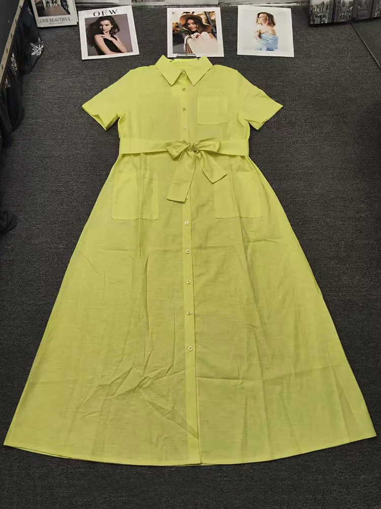 Sommer-2025, Damenbekleidung: Retro-Hemdkleid mit einfarbigem Revers, einreihigem Bindeband und geraffter Taille, modisches gerades Kleid