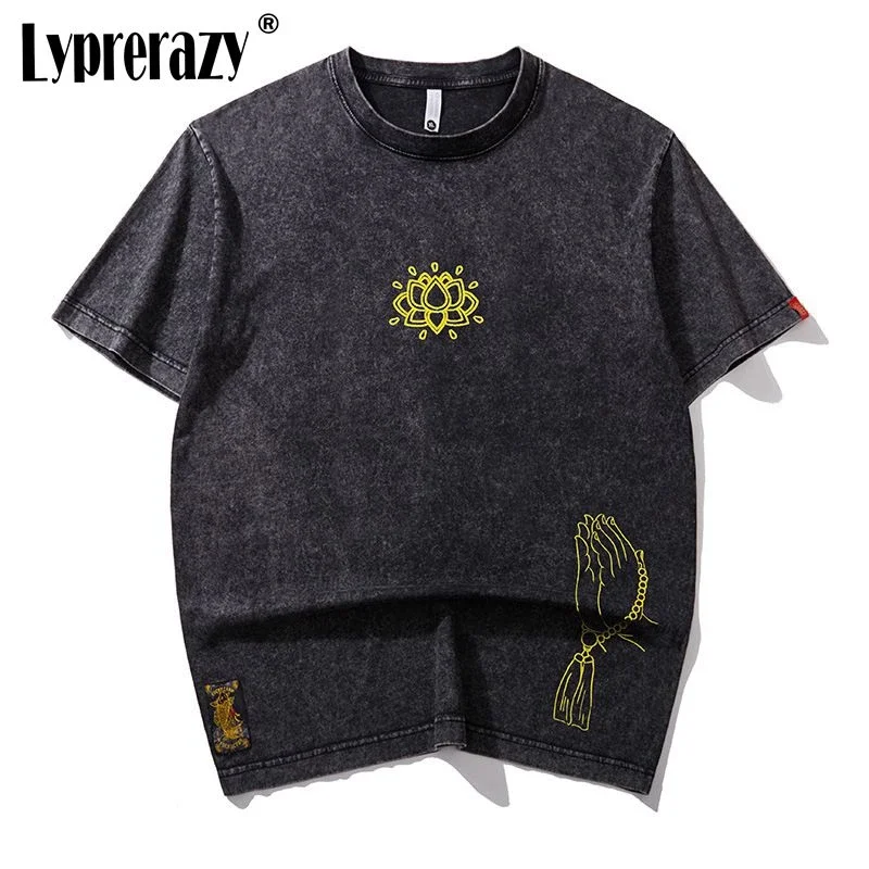 Lyprerazy National Tide Buddha's-hand Lotus Embroidery Short-sleeved T-shirt Summer Retro Loose Men's Tee Shirt New