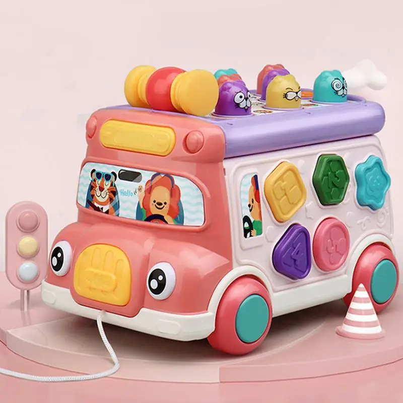 Montessori Cartoon Bus Baby Toy Musical Toy Cars Beating Game Educational Toys Pull Along Toy Toddler Car Classify Sorting Toys