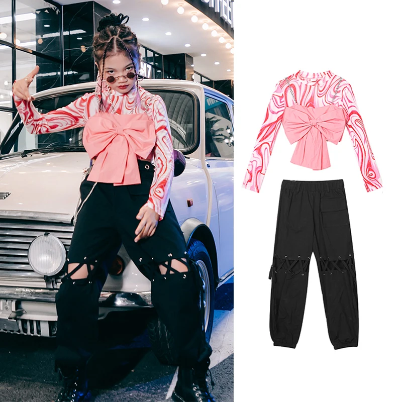 

Girls Hip Hop Clothes Jazz Dancer Outfit Bow Crop Tops Cargo Pants Children Festival Rave Clothing Street Dance Costume DL9071