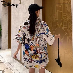 Disney Mickey Graffiti Short Sleeve Shirts Women Loose Casual Button Up Blouse Summer Cartoon Vacation Tops Y2k Fashion Clothes