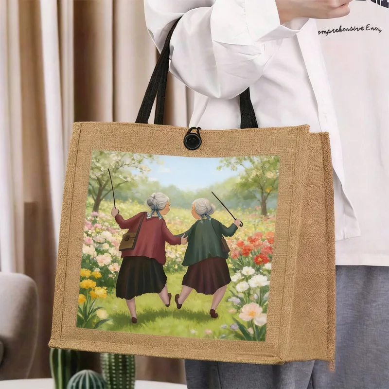 Friendship Theme Girlfriend Linen Bag, Literary and Retro Large-capacity Portable Shopping Bag, Gift Bag for Elders Handbags