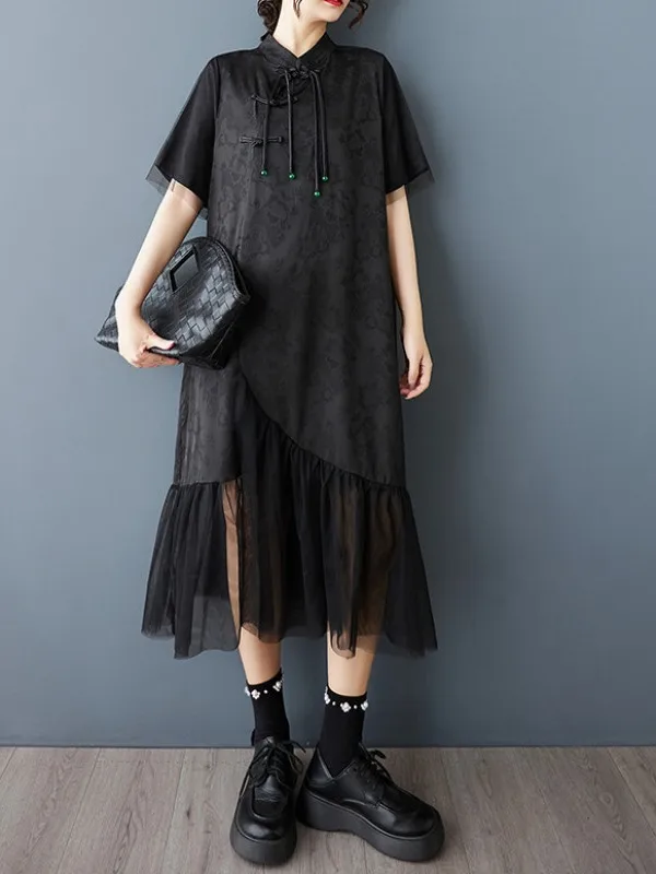 

Новый китайский Sle Bla Me Insert Qipao Dr, женский летний дизайн 2025, свободный крой, миди с воротником-стойкой, ort Sl...