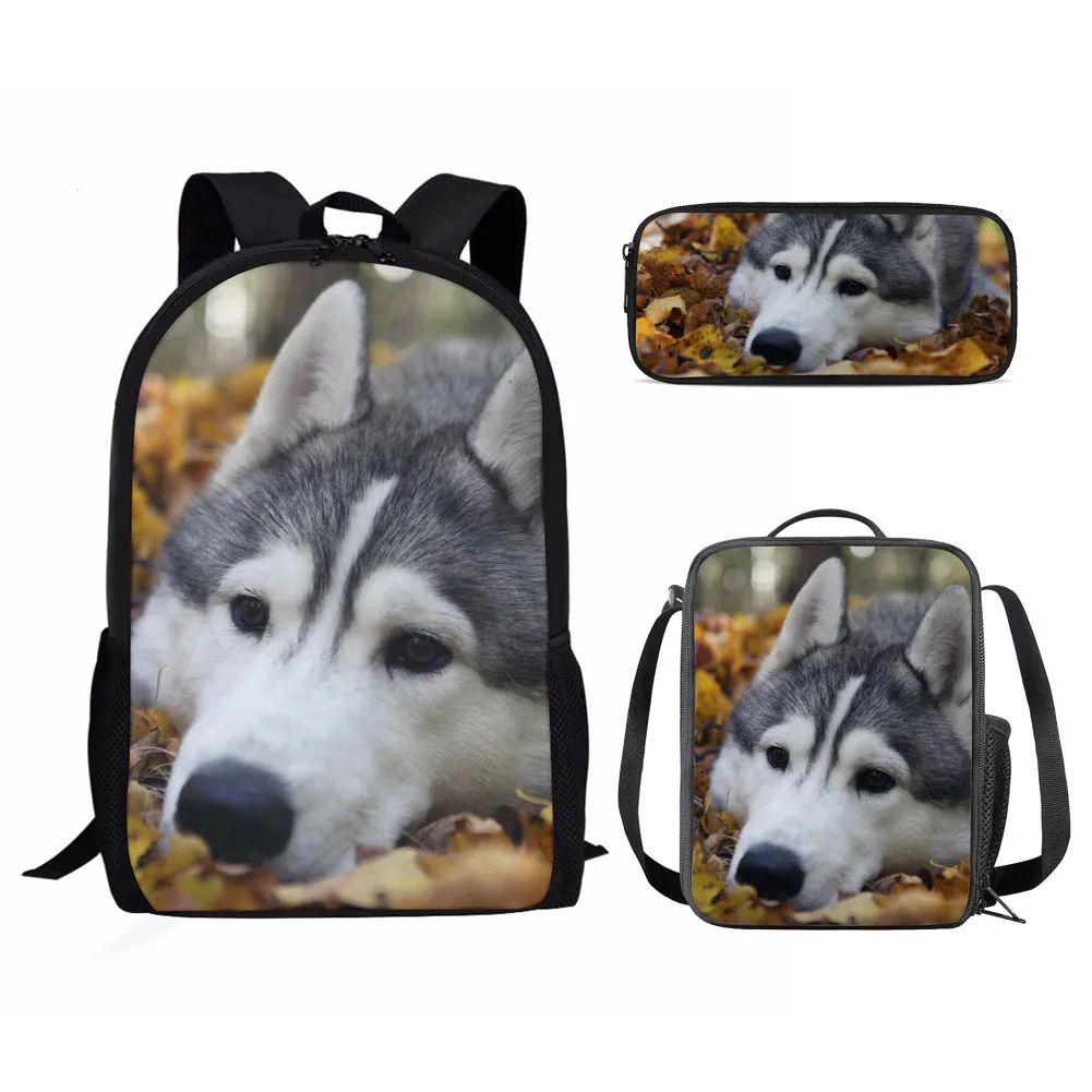 Cute Husky Dog Bulldog Print 3Pcs School Bag Set for Teenager Boys Girls Student Daily Campus Book Bag with Lunch Bag Pencil Bag