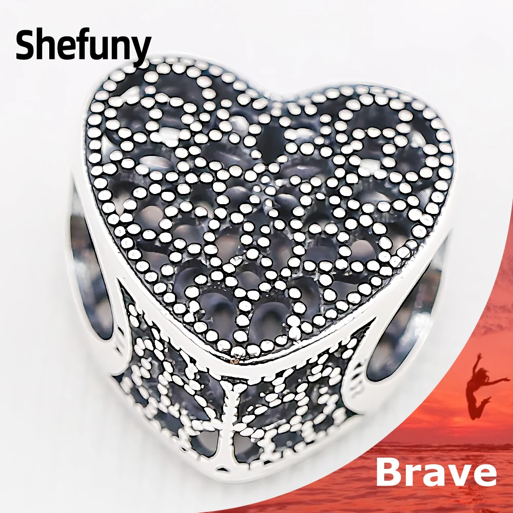 

925 Sterling Silver Hollow Heart Charm Oxidized Love Pattern Bead Fit Original European Bracelet For Women DIY Fine Jewelry Gift