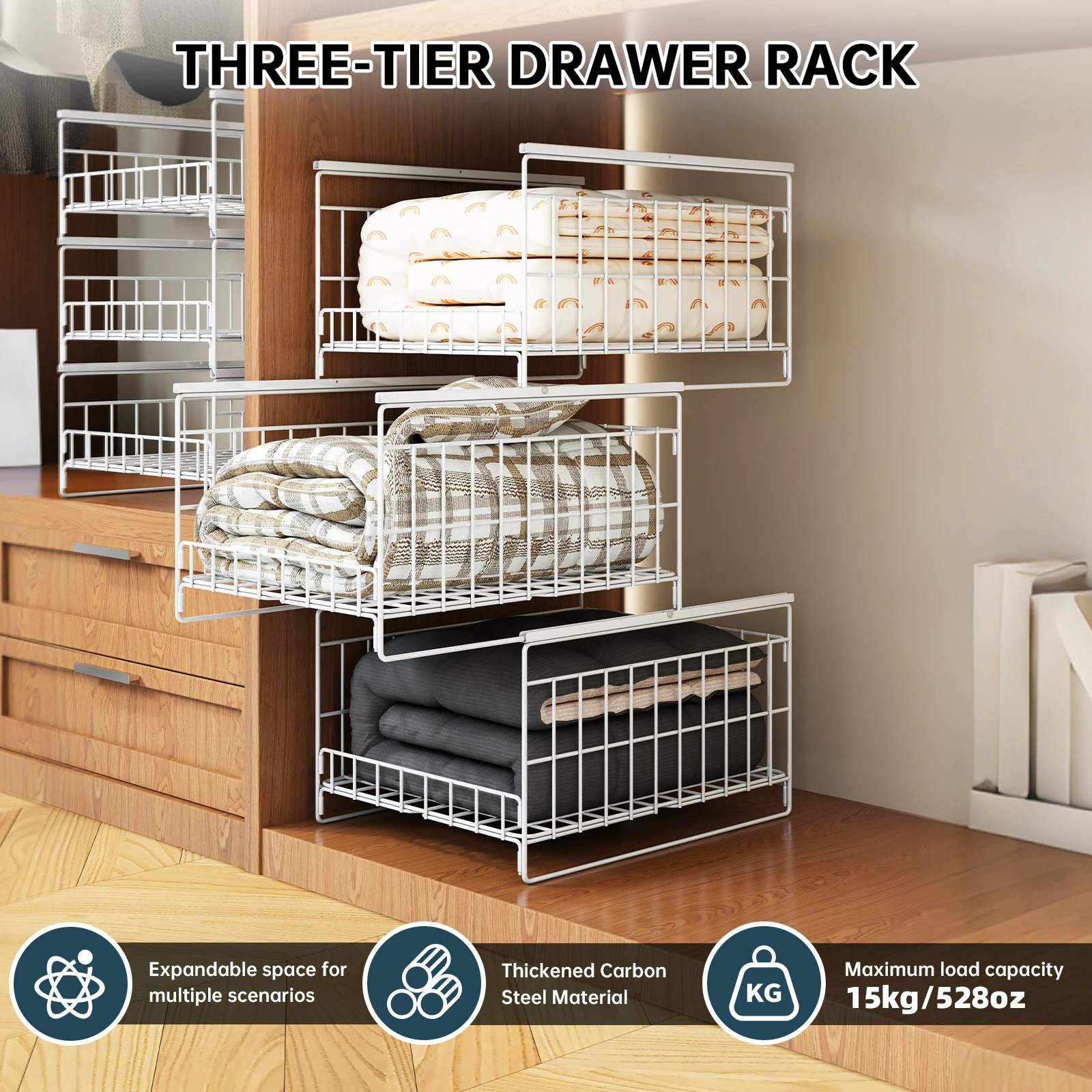 2-Tier/3-Tier Wardrobe Drawer Storage Rack with Pull-Out Baskets for Clothes Sorting and Organization, Layered Closet Divider Shelf, Metal Closet Organizers Stackable Storage Bins