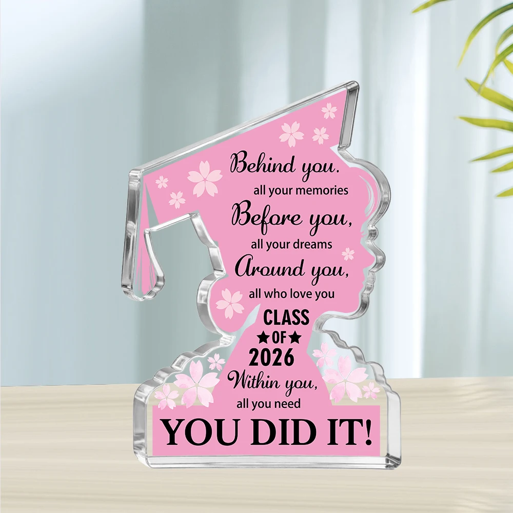 Pink Grad Cap Acrylic Sign Class of 2026 - Inspirational Graduation Gift for Her, Desk Decor for College High School Graduates