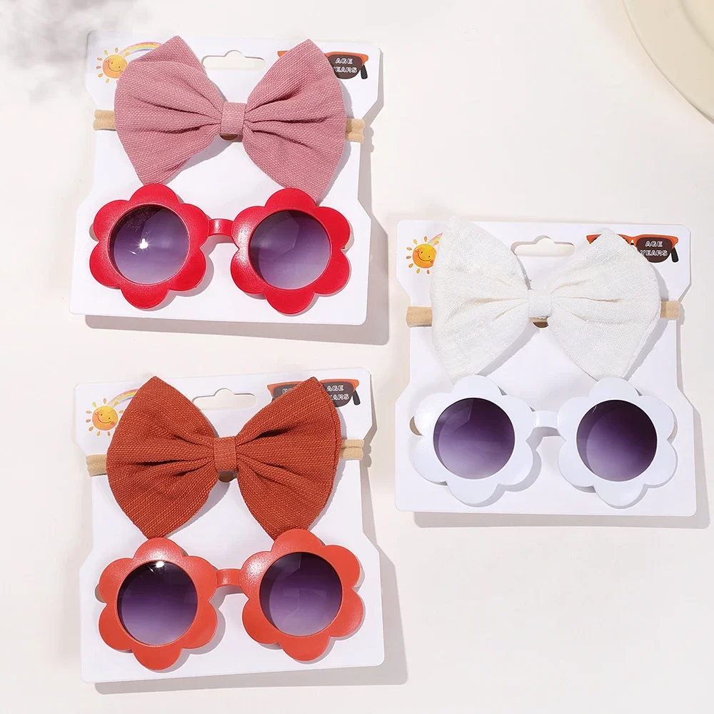 2 Pcs/Set New Children Solid Color Cotton Bowknot Hairband Round Sunglasses Set Baby Girls Sunglasses Kids Hair Accessories