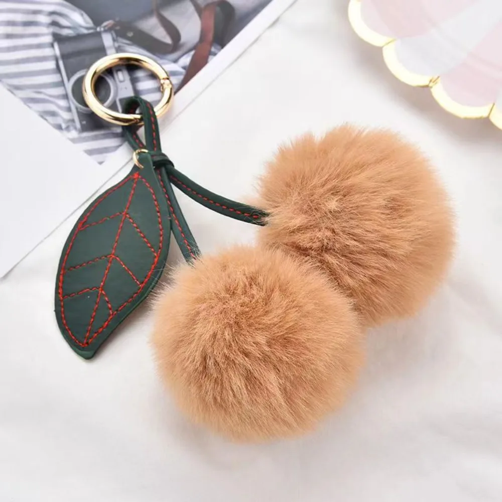 Multi-Color Plush Toy Keychain, Bola De Pele De Coelho, Chaveiro De Cereja, Acessório Chave De Folha, Mochila