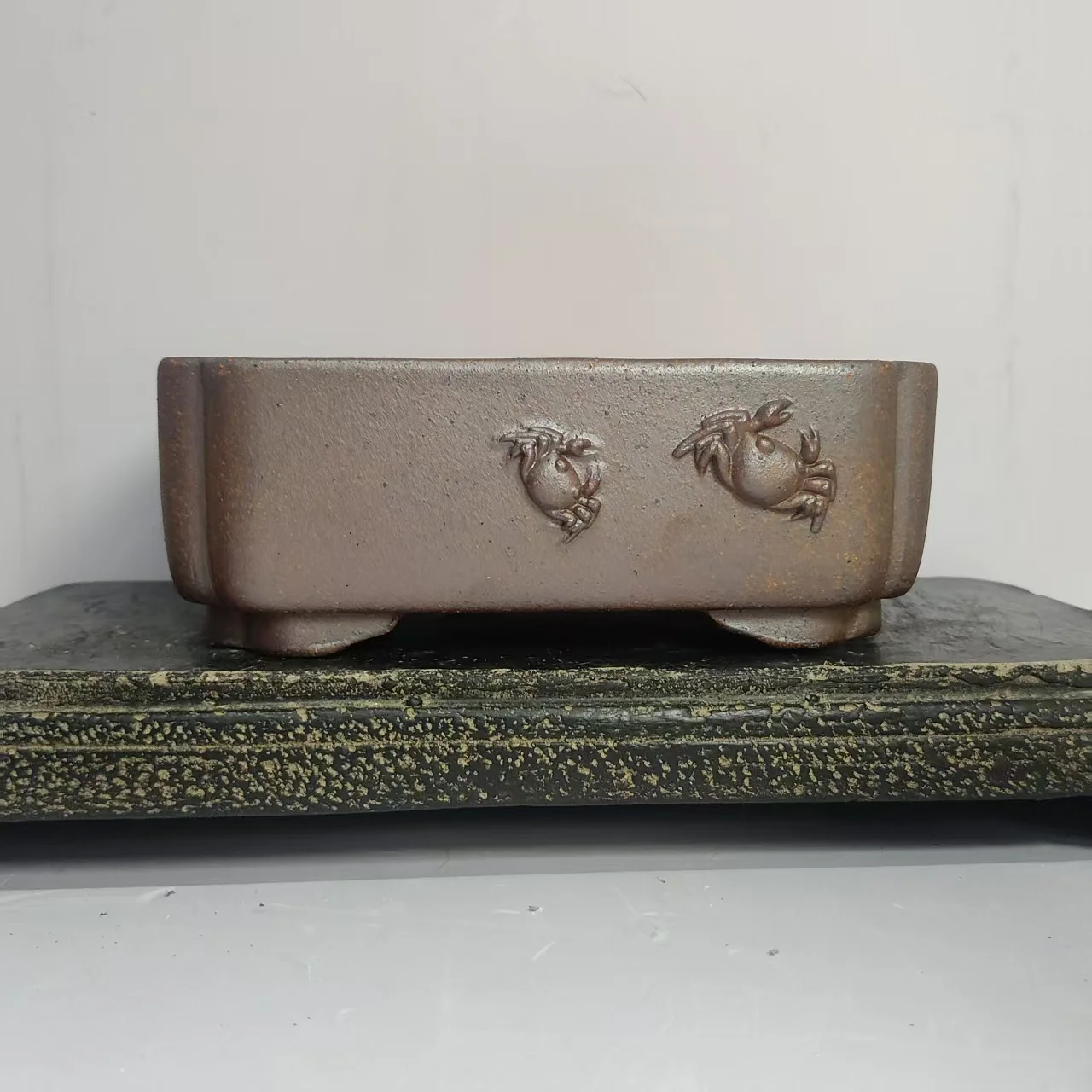 Hand Carved  Wood Fired  Bonsai Pot with Crab Desgin