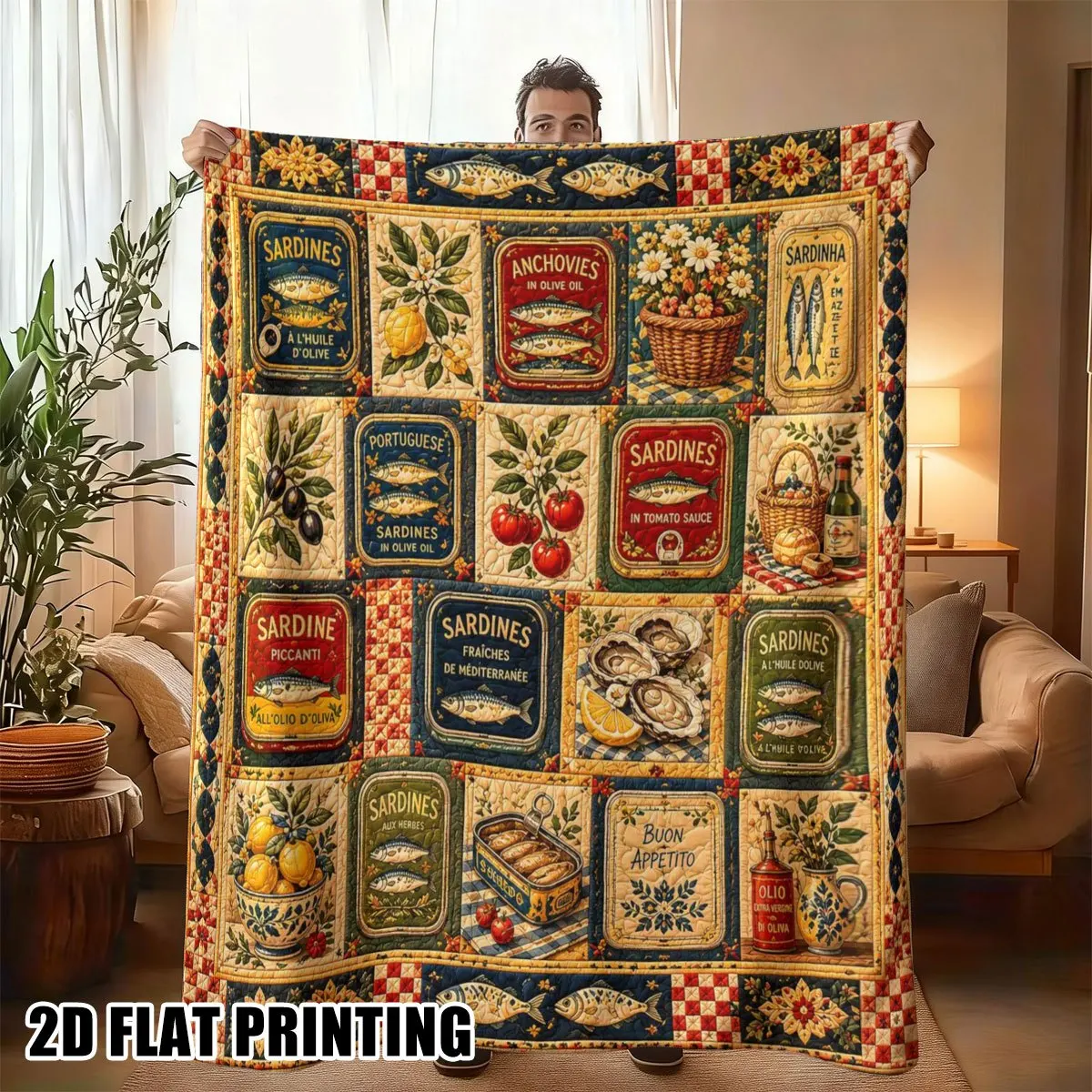 Retro Mediterranean Seafood Patchwork Art Flannel Blanket Lightweight Warm Throw Blanket Bedroom Sofa Camping Home Wall Ornament