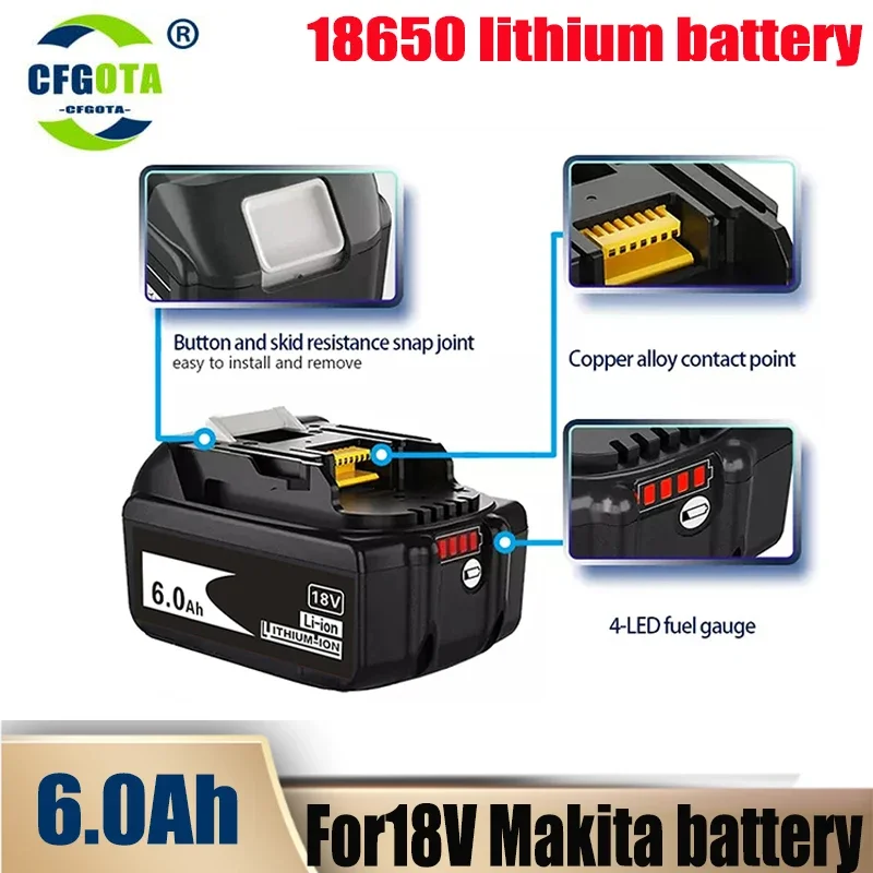 Makita 18V Lithium Ion Battery, BL1860, 6.0Ah, compatível com BL1850, 1840, 1830, ferramenta elétrica sem fio