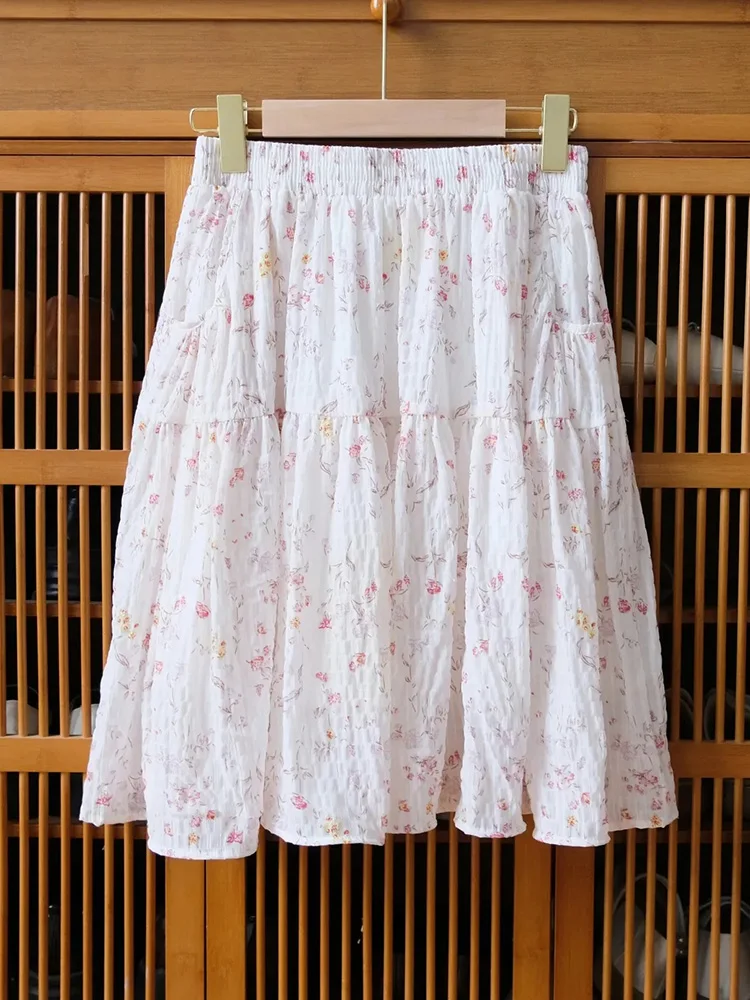 Pink Floral Chiffon Skirt Women High Waist Sweet Fashion Midi Skirts Summer Loose Elegant Female Korean Casual Chic A Line Skirt