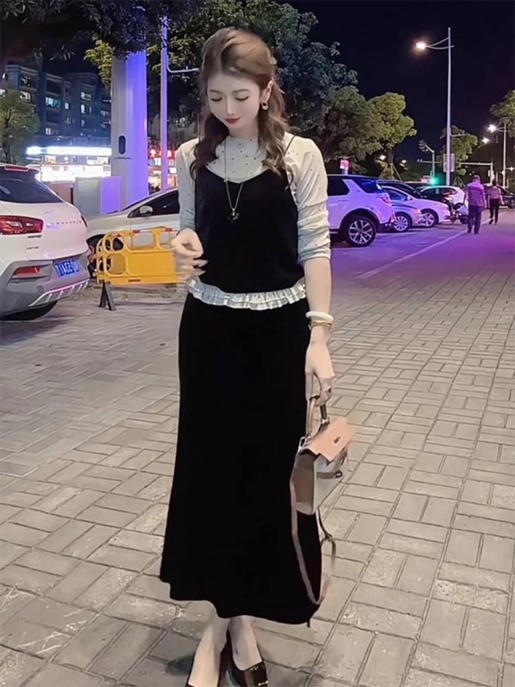 

Ранняя осень, топ в горошек с рюшами по подолу, жилет, дизайнерская юбка Sensation, юбка с разрезом, футболка, комплект, женский повседневный комплект