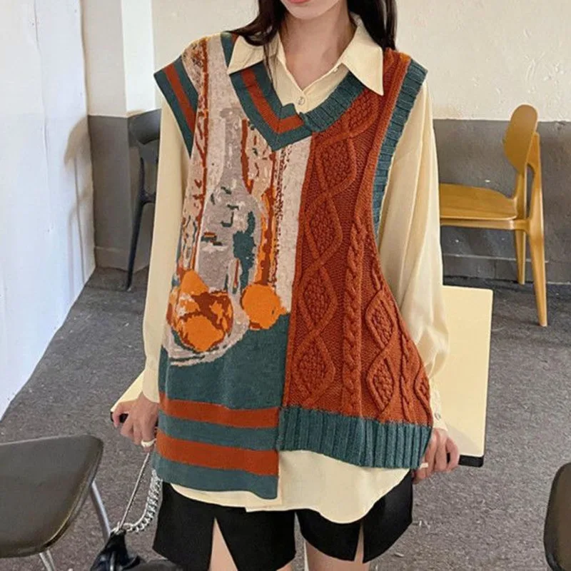 Vintage Knitted Vest Women Loose Sleeveless V-neck Wasitcoat Female Harajuku Patchwork Sweater Vest Lady Y2k Oversized Tank Tops