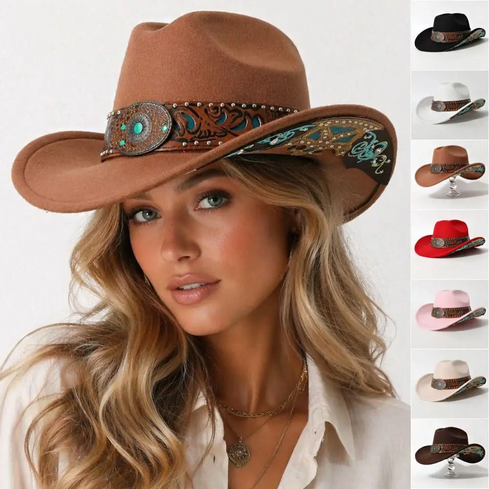 Dress Up Western Cowboy Hat Turquoise Decor Wide Brim Western Cowgirl Hat Embossed Bohemian Ethnic Style Fedora Hat