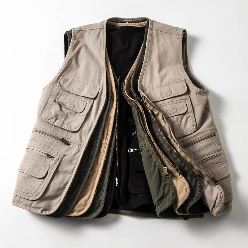 American Style Pure Cotton Vest with Multiple Pockets Retro Workwear Jacket Youth Fashion Wear Resistant All Seasons V-Neck