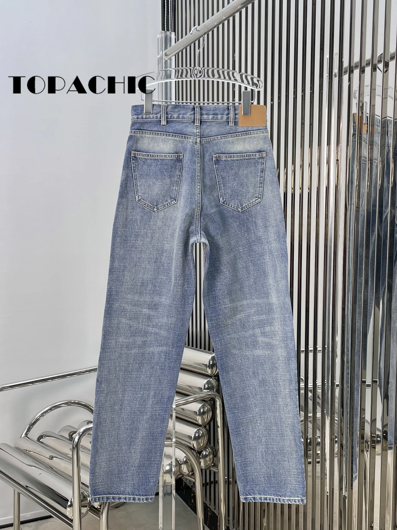 7.7 TOPACHIC Women Fashion Streetwear Washed Cotton Denim High Waist All-matches Straight Jeans